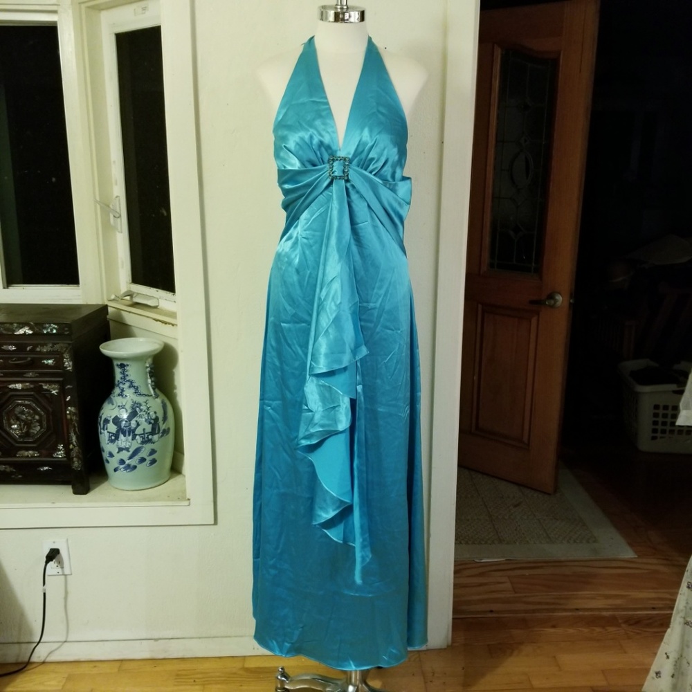 Teal Satin Waterfall Halter Neck Ball Gown Set